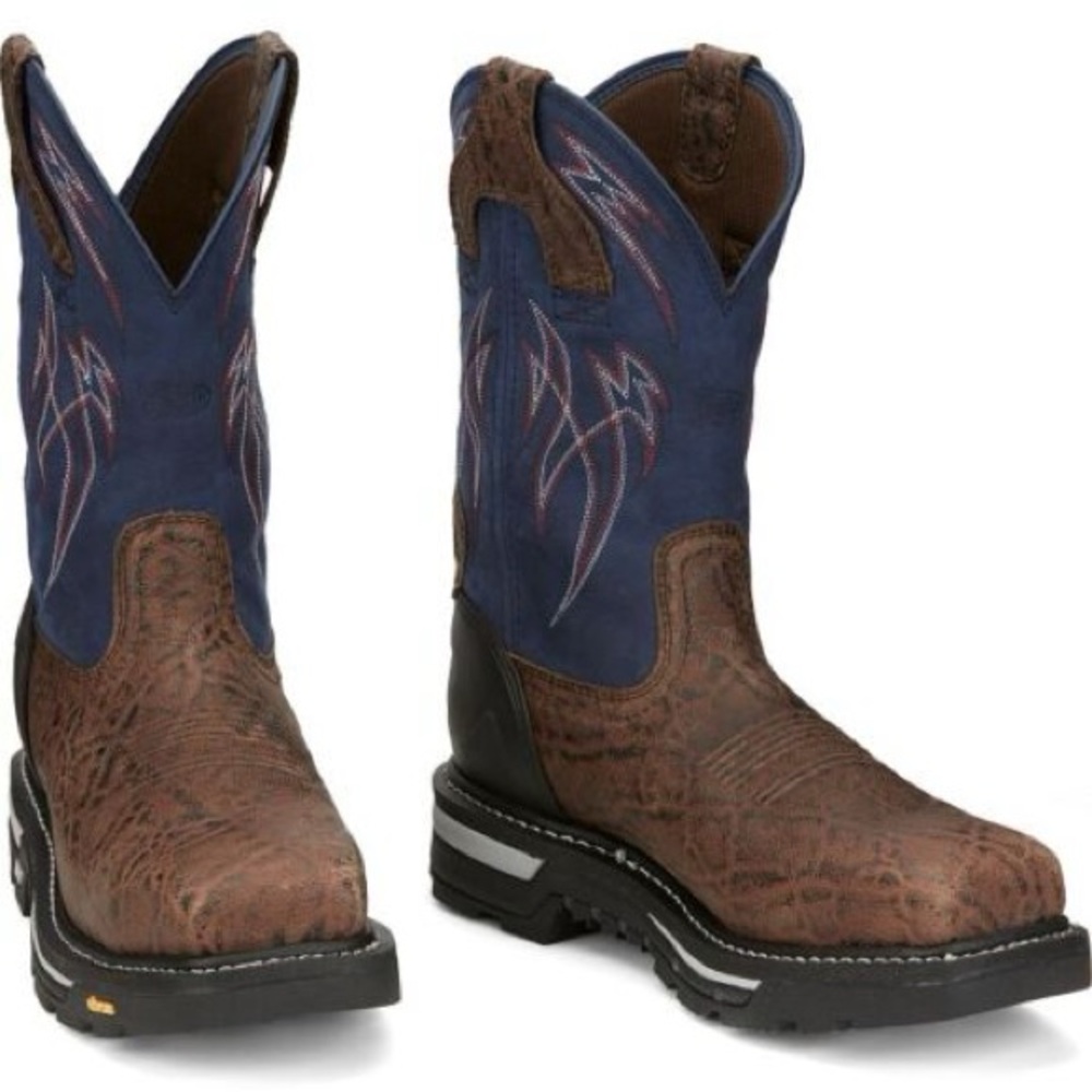 Justin Boots Steel Toe Men's Blue & Brown Western Work Boots